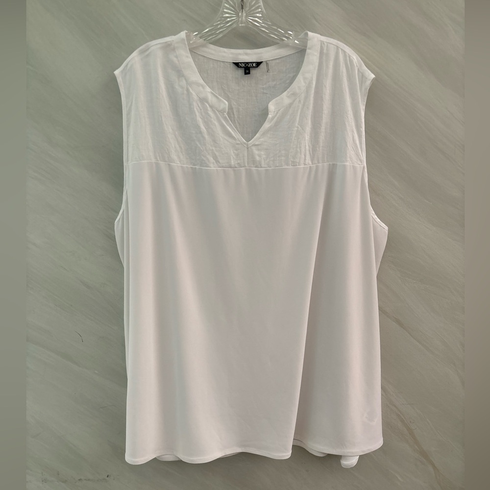 Nic+Zoe 3X White V-Neck Sleeveless Mixed Material (Linen/Polyester)Blouse